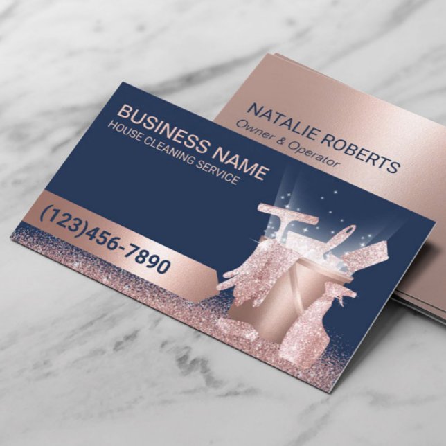 House Cleaning Service Navy & Rose Gold Glitter Business Card (Creator Uploaded)