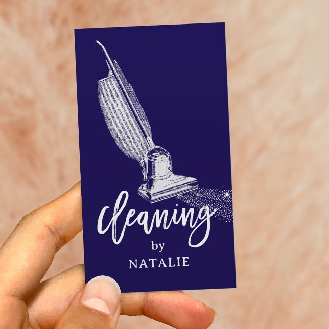 House Cleaning Service Retro Vacuum Cleaner Navy Business Card (Creator Uploaded)