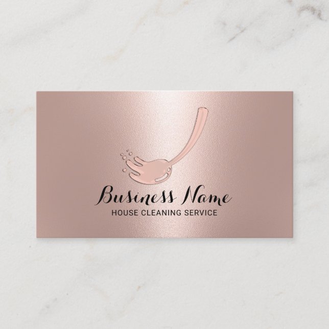 House Cleaning Service Rose Gold Mop Logo Business Card (Front)