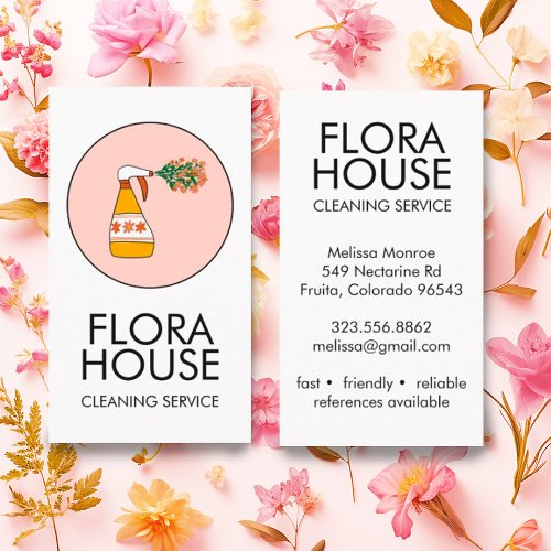 House Cleaning Service Spray Bottle Floral Logo Business Card