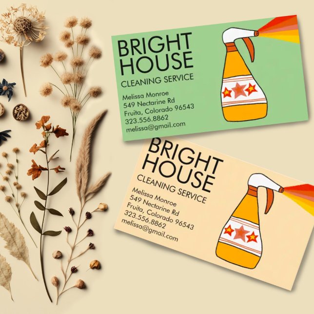 House Cleaning Service Spray Bottle Retro Colorful Business Card (Colorful bright spray bottle modern custom cleaning business cards. Change the background colors.)