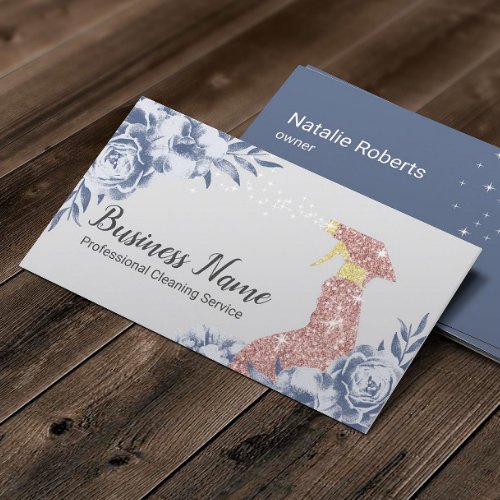 House Cleaning Service Vintage Blue Floral  Business Card