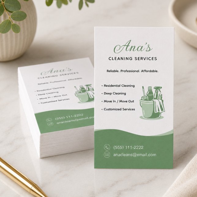House Cleaning Services Green Business Card (House Cleaning Services Neutral Green Business Card)