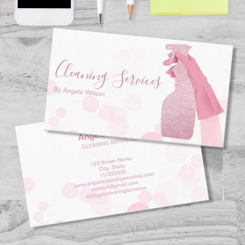 House Cleaning Services Maid Glitter Bubbles Pink Business Card