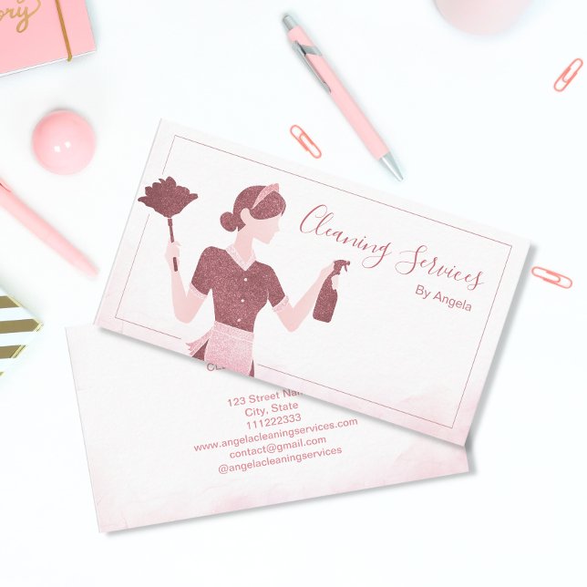 House Cleaning Services Maid Rose Gold Glitter Business Card (Creator Uploaded)
