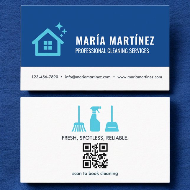 House Cleaning Services QR Code Modern Blue  Business Card (Creator Uploaded)