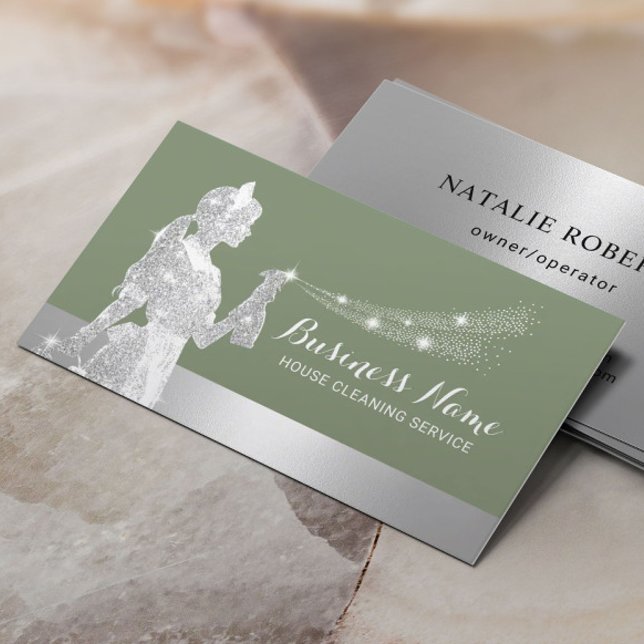 House Cleaning Silver Maid Sage Green Housekeeping Business Card (Creator Uploaded)