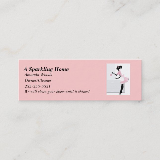 House Cleaning Skinny Business Card Pink Maid Lady (Front)