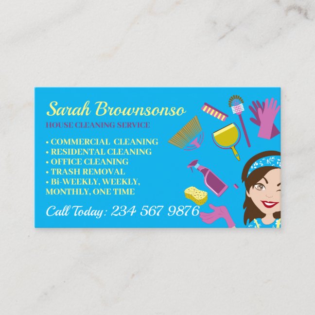 House Cleaning Wash Janitorial Lady Cartoon Girl Business Card