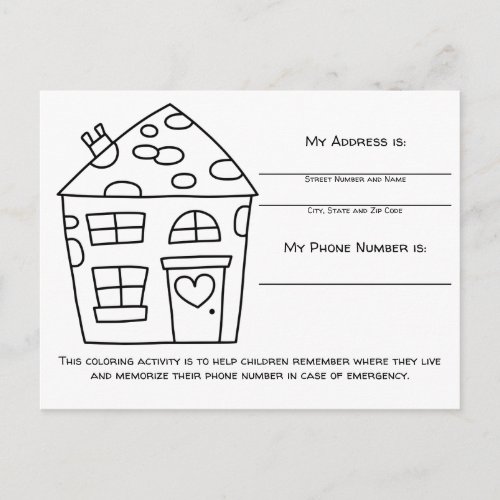 House Color Emergency Info for Kids Activity Card