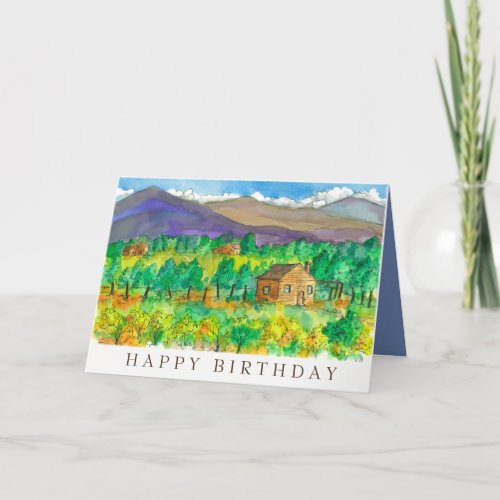 House Desert Mountains Watercolor Happy Birthday Card