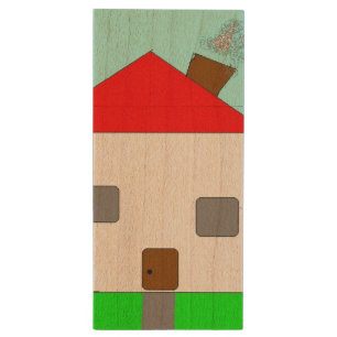 House Door Path Smoke Chimney, Digital Art Kids Wood USB Flash Drive
