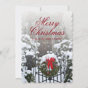 House Door with Christmas Wreath and Holiday Snow