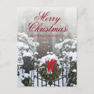 House Door with Christmas Wreath and Holiday Snow Postcard