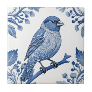 House Finch Delft Blue and White Floral Bird Ceramic Tile