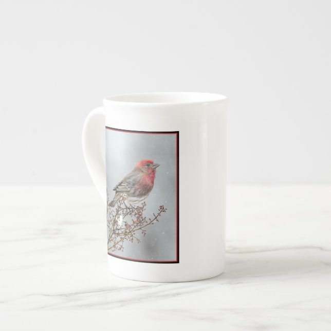 House Finch in Snow - Original Photograph Bone China Mug (Front Left)
