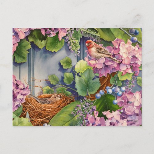 House Finch Pair Nest in Wreath Watercolor Art Postcard