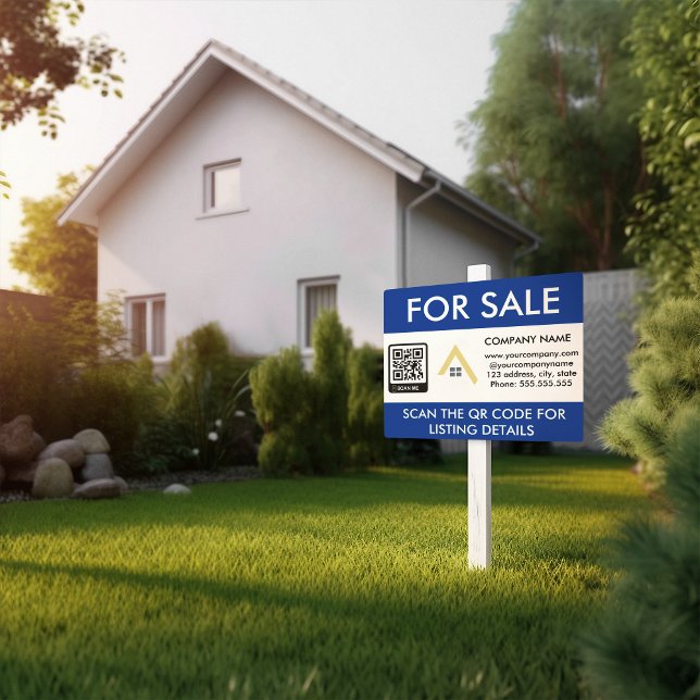 House For Sale QR Code Business Logo Sign (for sale blue white real estate yard sign)