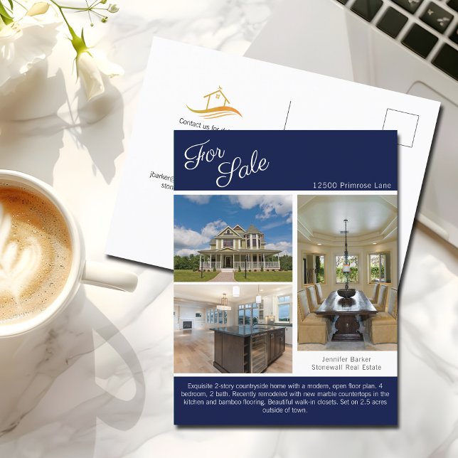 House For Sale Real Estate Listing Navy Blue Postcard (Creator Uploaded)