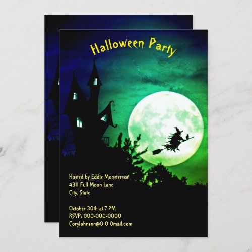 House Full Moon Witch Green Sky Halloween Party Invitation