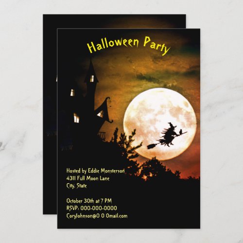 House Full Moon Witch Orange Sky Halloween Party Invitation