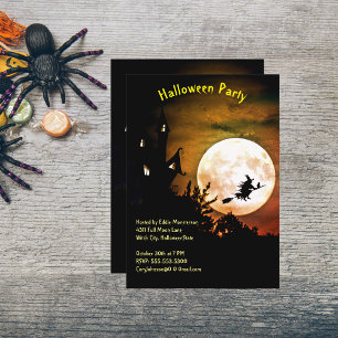 House, Full Moon, Witch Orange Sky Halloween Party Invitation