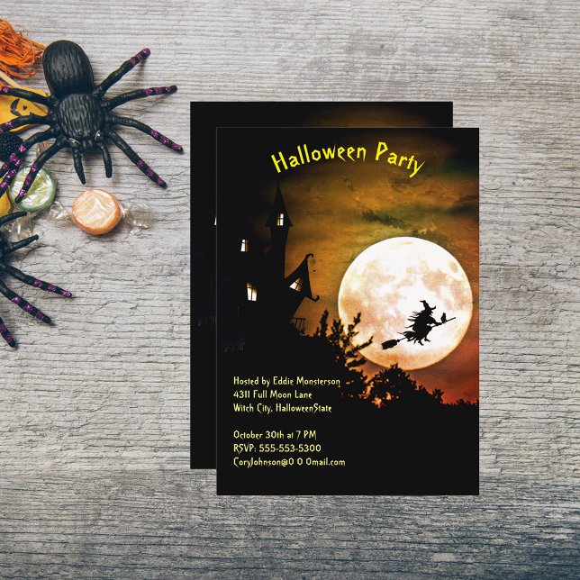 House, Full Moon, Witch Orange Sky Halloween Party Invitation (House, Full Moon, Witch Orange Sky Halloween Party Invitation)