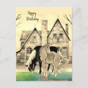  House Gold Asian Horses Green Yellow Tan   Postcard