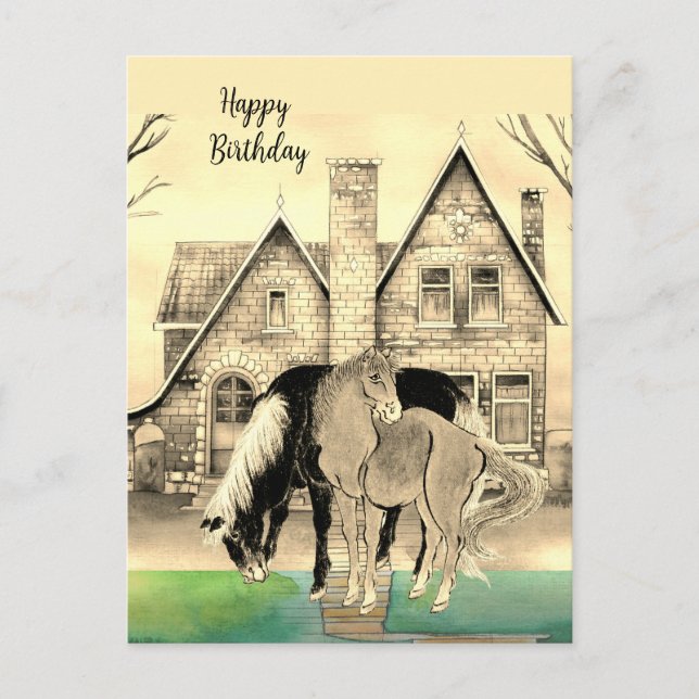  House Gold Asian Horses Green Yellow Tan | Postcard (Front)