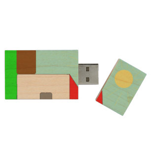 House Grass Sun Red Green Yellow Digital Art Kids Wood Flash Drive