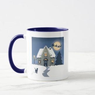 House in Snowy Night with Cat and Santa 