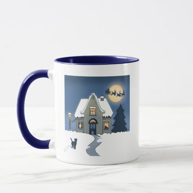 House in Snowy Night with Cat and Santa  Mug (Left)