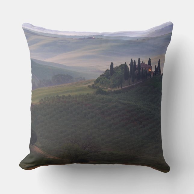 House in Tuscany in the morning fog throw pillow (Front)