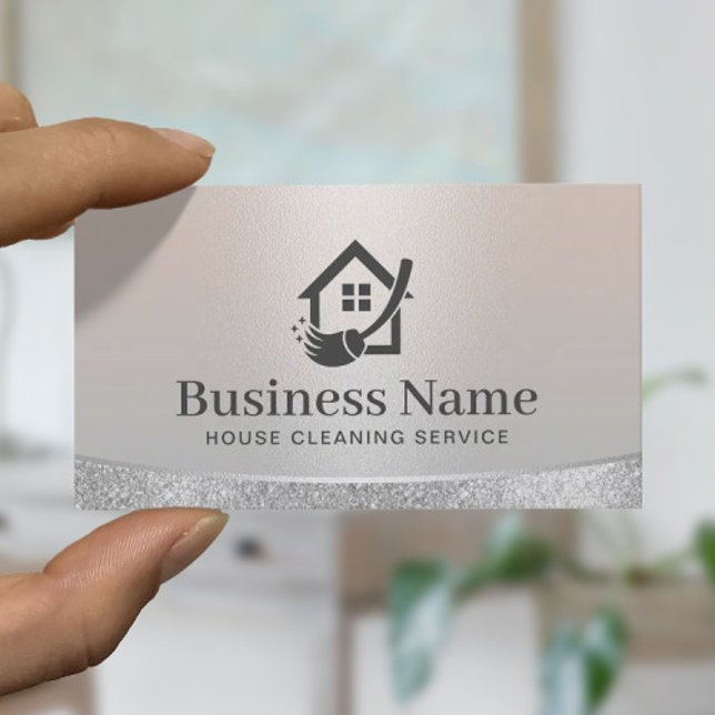 House Logo Home Cleaning & Maid Service Silver Business Card (Creator Uploaded)