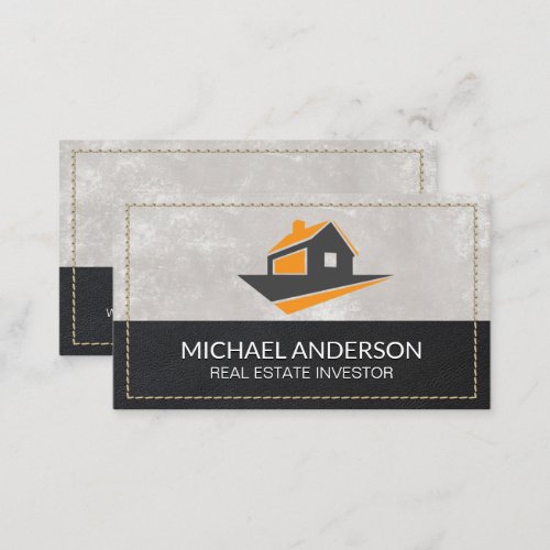 House Logo  Leather Texture Stitched Border Business Card