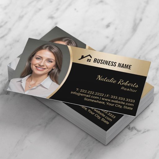 Customizable House Logo Real Estate Black &amp; Gold Realtor Photo Business Card