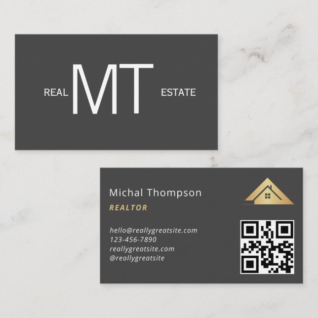 House Logo Real Estate Grey & Gold Realtor QR Code Business Card (Front/Back)