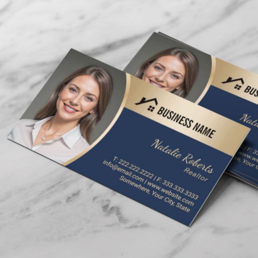 Customizable House Logo Real Estate Navy &amp; Gold Realtor Photo Business Card