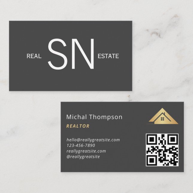 House Logo Real Estate Navy & Gold Realtor QR Code Business Card (Front/Back)