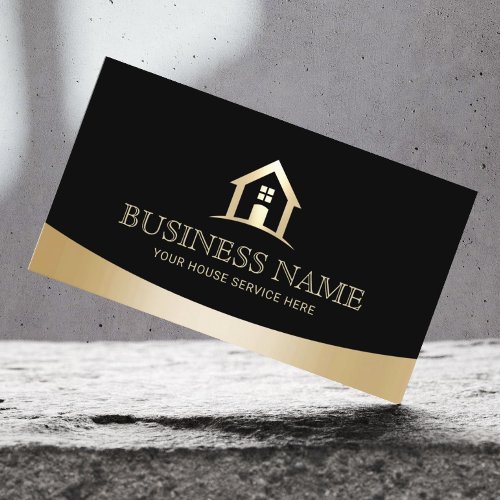 House Logo Real Estate Realtor Modern Black  Gold Business Card