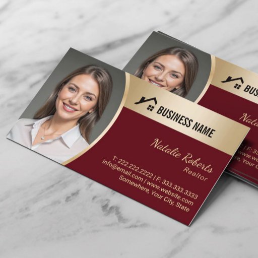 Customizable House Logo Real Estate Red &amp; Gold Realtor Photo Business Card