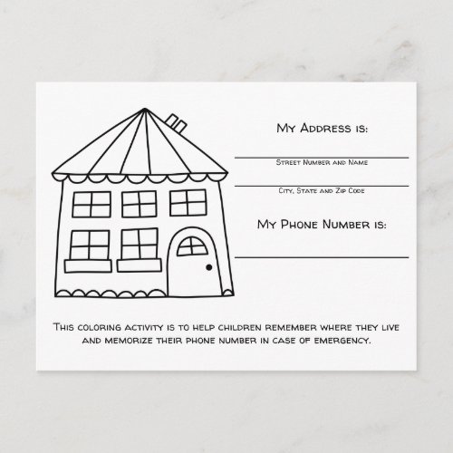 House Memory Emergency Info for Kids Activity Card