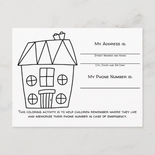 House Memory Emergency Info for Kids Activity Card