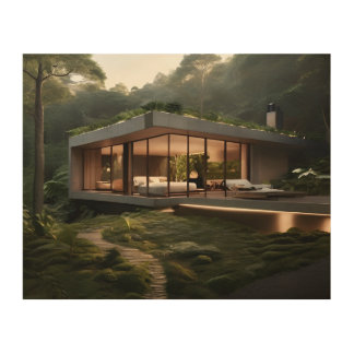 house nestled in a dark forest-Wood Wall Art