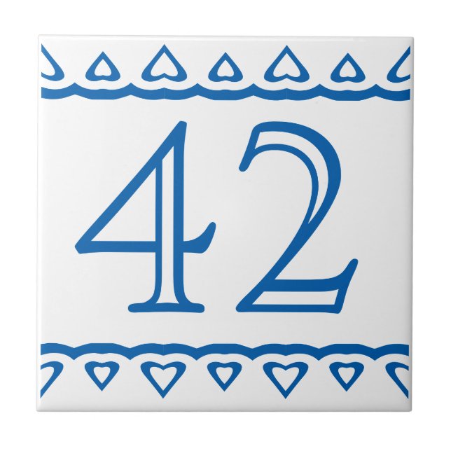 House Number - Hearts Blue on White Ceramic Tile (Front)