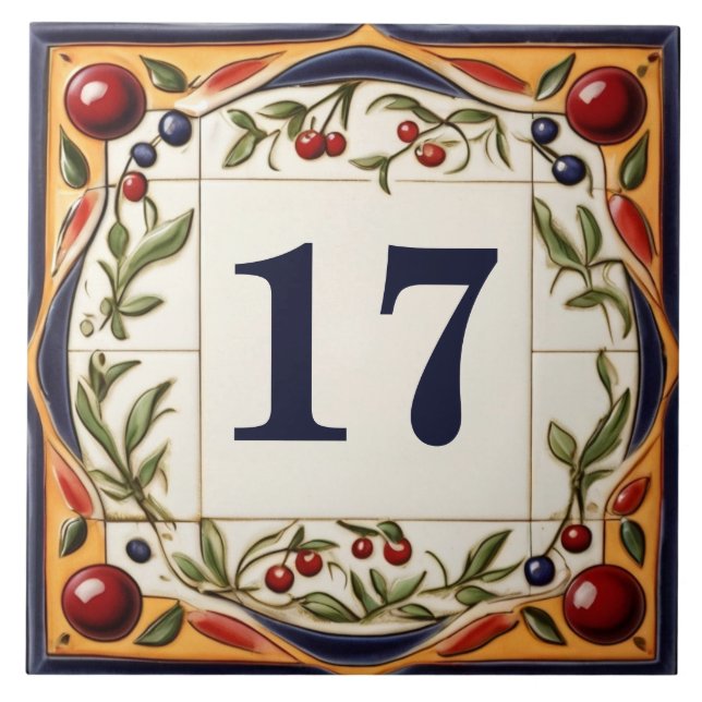 House Number Plaque Sign Red Cherry Art Custom No. Ceramic Tile (Front)
