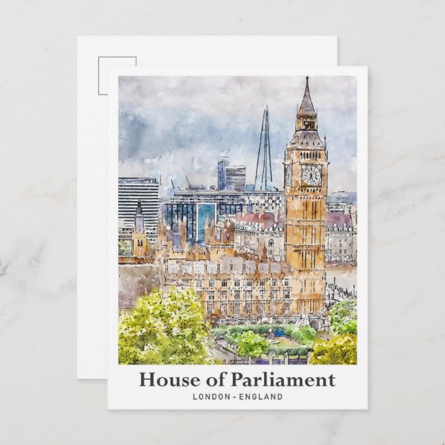 House of Parliament London Watercolor Hand Drawn Postcard (Front/Back)