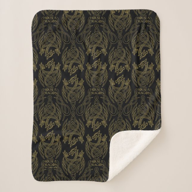 HOUSE OF THE DRAGON | Gold Filigree Dragon Pattern Sherpa Blanket (Front)