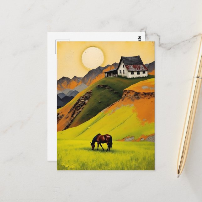 House on the Hill and Horse in the Pasture Postcard (Front/Back In Situ)