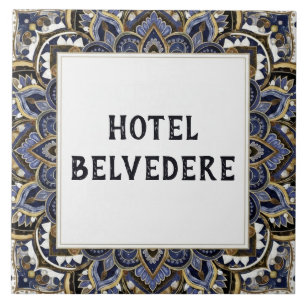 House or Hotel Name Plaque Sign Fancy Blue Gold Ceramic Tile
